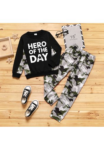 2-piece Kid Boy Letter Camouflage Print Pullover Sweatshirt and Pants Set