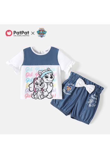 PAW Patrol 2pcs Toddler Girl Letter Print Ruffled Short-sleeve Tee and Bowknot Design 100% Cotton Denim Shorts Set