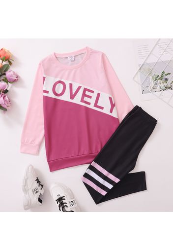 2-piece Kid Girl Letter Print Colorblock Pullover Sweatshirt and Striped Pants Set