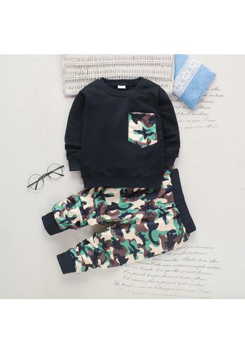 2-piece Toddler Boy Camouflage Print Pocket design Black Sweatshirt and Pants Set