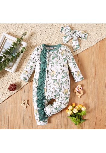 2pcs Baby Girl Ribbed Green/White Rabbit Print Long-sleeve Ruffle Jumpsuit Set