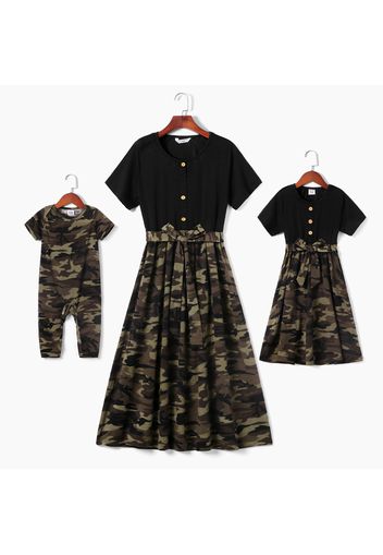 Camouflage Print Splicing Short-sleeve Belted Dress for Mom and Me