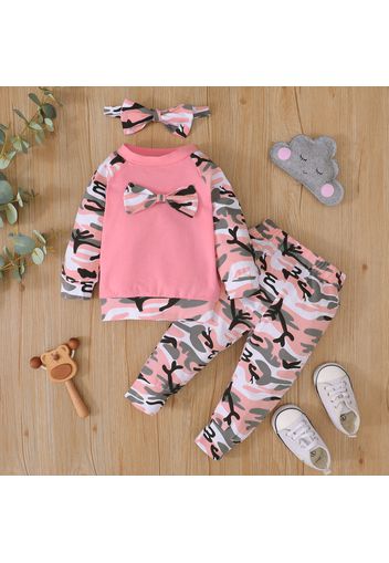 3pcs Baby Pink Camouflage Cotton Long-sleeve Bowknot Pullover and Trousers Set