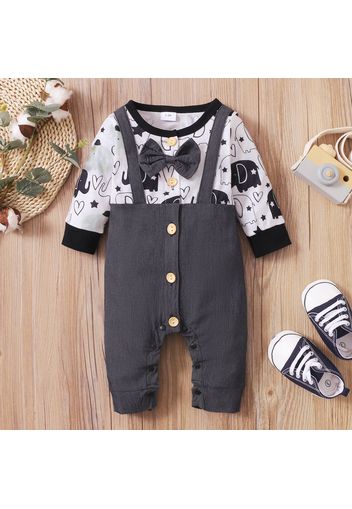 Baby Boy Gentleman Bow Tie Elephant Print Long-sleeve Splicing Solid Button Down Jumpsuit