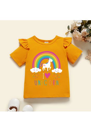 Toddler Girl Graphic Unicorn and Rainbow and Heart Print Ruffled Short-sleeve Tee