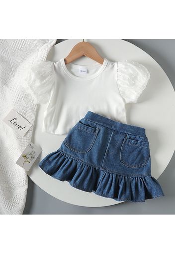 2pcs Toddler Girl Mesh Puff-sleeve White Tee and Mermaid Denim Skirt Set