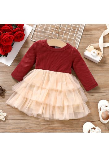 Baby Girl Solid Ribbed Knit Long-sleeve Splicing Layered Mesh Dress