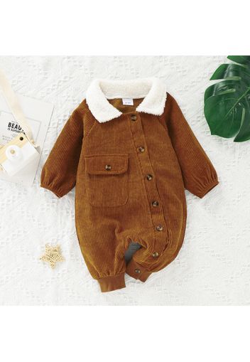 Baby Boy Fleece Lapel Collar Solid Corduroy Long-sleeve Jumpsuit