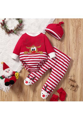 Christmas Cotton 3pcs Reindeer Pattern Red Baby Long-sleeve Striped Romper and Footed Pants Set