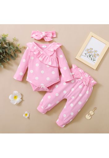 3-piece Baby Girl Polka dots Ruffled Long-sleeve Romper, Paperbag Pants and Headband Set