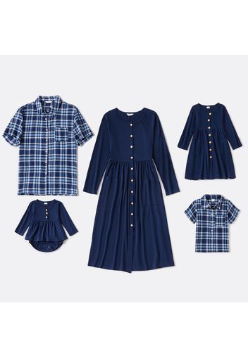 Solid Dark Blue Family Matching Sets（Plaid Button Front Shirts and Long Sleeve Front Button Dresses）