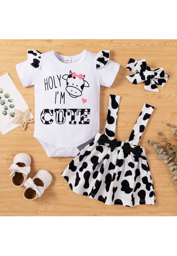 3pcs Baby Girl Letter and Cow Print Short-sleeve Romper and Suspender Skirt Set