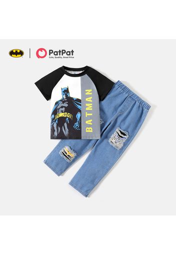 Batman 2-piece Kid Boy Letter Print Colorblock Short-sleeve Tee and Cotton Ripped Denim Jeans Set