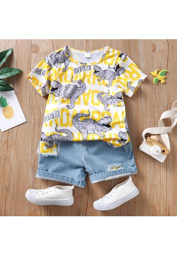 2pcs Toddler Boy Casual Patchwork Ripped Denim Shorts and Letter Dinosaur Print Tee Set