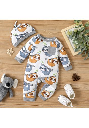 2pcs Baby Boy Allover Sloth Print Long-sleeve Jumpsuit with Hat Set