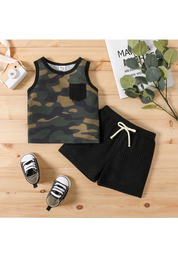 2pcs Baby Boy Camouflage Sleeveless Tank Top and Ribbed Shorts Set