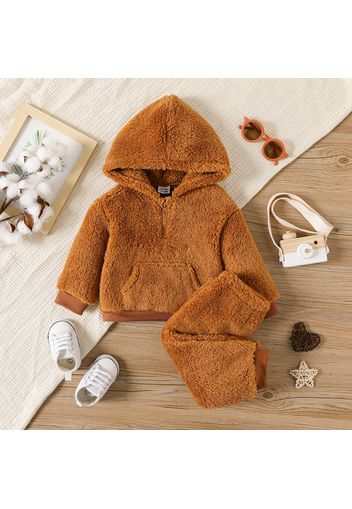 2pcs Baby Boy Solid Long-sleeve Thermal Fuzzy Hoodie and Sweatpants Set