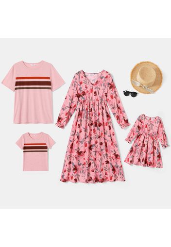 Family Matching Pink Floral Print Long-sleeve Midi Dresses and Striped Short-sleeve T-shirts Sets