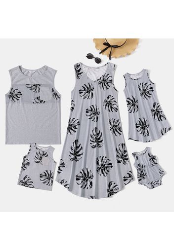 Family Matching Allover Palm Leaf Print Grey Tank Dresses and Tank Tops Sets