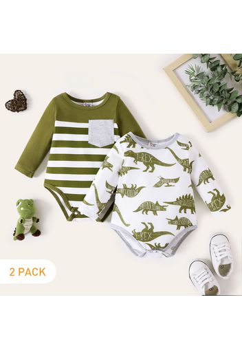 2-Pack Baby Boy 95% Cotton Long-sleeve Striped and Allover Dinosaur Print Rompers Set