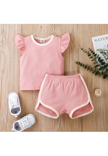 2pcs Baby Girl Ribbed Flutter-sleeve Top and Shorts Set