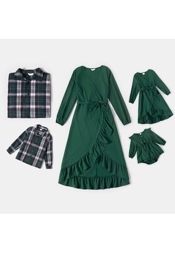 Family Matching Green V Neck Belted Long-sleeve Ruffle Wrap Dresses and Plaid Shirts Sets