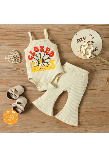 100% Cotton 2pcs Baby Girl Daisy & Letter Print Rib Knit Cami Romper and Flared Pants Set