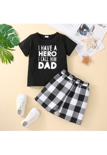 Father's Day 2pcs Toddler Boy Playful Letter Print Tee and Plaid Shorts Set