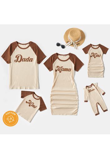 Family Matching Cotton Letter Print Raglan Short-sleeve Ruched Bodycon Dresses and T-shirts Sets