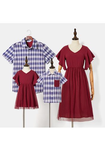 Family Matching Wine Red Ruffle Sleeve Mesh Dresses and Blue Plaid Short-sleeve Shirts Set