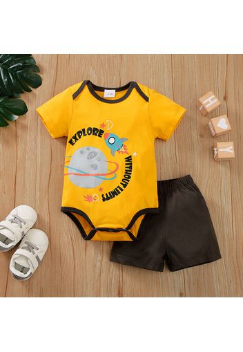 100% Cotton 2pcs Baby Boy/Girl Outer Space and Letter Print Short-sleeve Romper with Solid Shorts Set