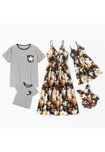 Floral Print Family Matching Sets(Sling V-neck Dresses for Mom and Girl ; Stripe Print Loose Short Sleeve T-shirts for Dad and Boy)