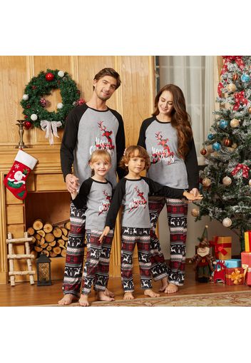 Christmas Plaid Reindeer and Letter Print Grey Family Matching Raglan Long-sleeve Pajamas Sets (Flame Resistant)