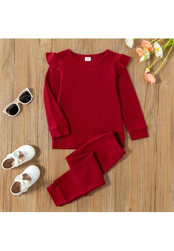 2-piece Toddler Girl Ruffled Solid Waffle Long-sleeve Top and Pants Set