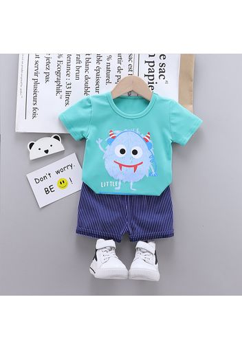 2pcs Cartoon Monster and Stripe Print Short-sleeve Baby Set