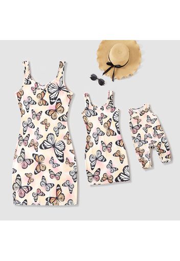 Allover Butterfly Print Notch Neck Bodycon Dress for Mom and Me