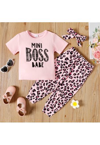 3-piece Toddler Girl Letter Print Pink Tee, Leopard Print Pants and Headband Set