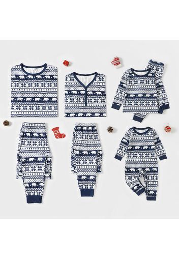 Christmas All Over Print Dark Blue Family Matching Long-sleeve Pajamas Sets (Flame Resistant)