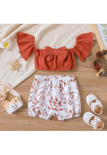 2pcs Baby Girl 100% Cotton Off Shoulder Ruffle-sleeve Bow Front Crop Top and Allover Leaf Print Shorts Set