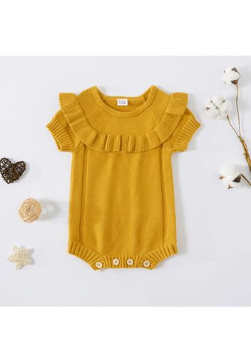 Baby Girl Solid Color Ruffled Short-sleeve Knit Romper