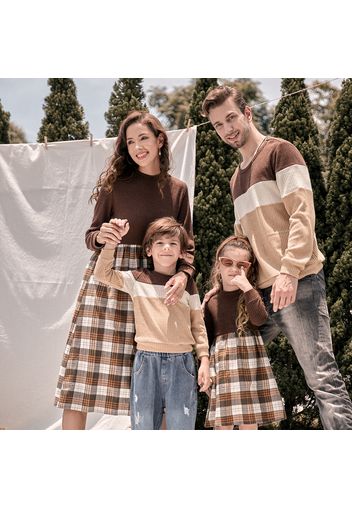 Family Matching Long-sleeve Mock Neck Rib Knit Spliced Plaid Dresses and Colorblock Tops Sets