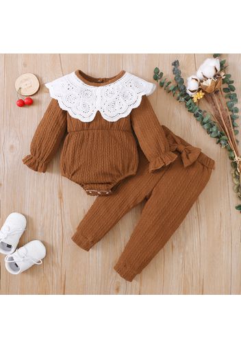 2pcs Baby Girl Solid Cable Knit Textured Long-sleeve Romper and Trousers Set