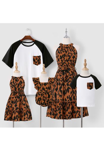 Family Matching Brown Leopard Halter Neck Sleeveless Belted Dresses and Raglan-sleeve T-shirts Sets