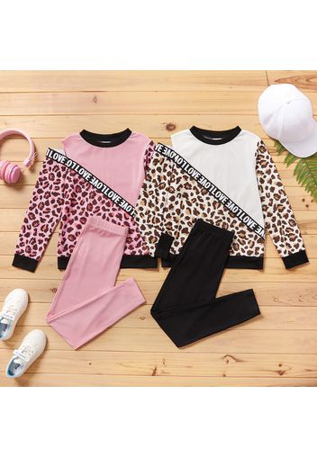 2-piece Kid Girl Letter Leopard Print Cold Shoulder Long-sleeve Top and Solid Leggings Set