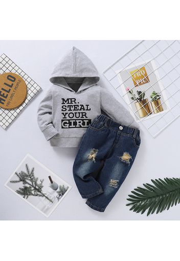 2pcs Letter Print Hooded Long-sleeve Grey Baby Set