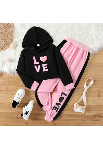 2pcs Kid Girl Letter Print Colorblock 3D Heart Design Hoodie Sweatshirt and Elasticized Pants Set