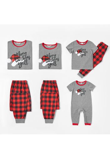 Family Matching Christmas Hat Print Short-sleeve Top and Plaid Pants Pajamas Sets (Flame Resistant)