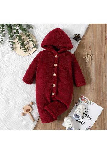 Baby Girl Solid Thickened Fuzzy Fleece Long-sleeve Hooded Jumpsuit