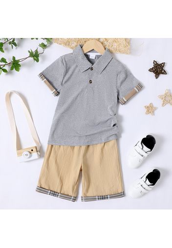 2pcs Kid Boy Plaid Design Short-sleeve Gray Polo Shirt and Elasticized Shorts Set