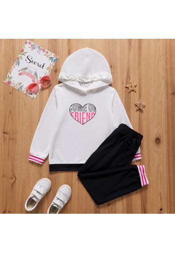 2-piece Kid Girl Letter Heart Print Stripe Ruffled Hoodie and Elasticized Pants Set